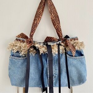 Denim Leopard Fringe Jean Bag
